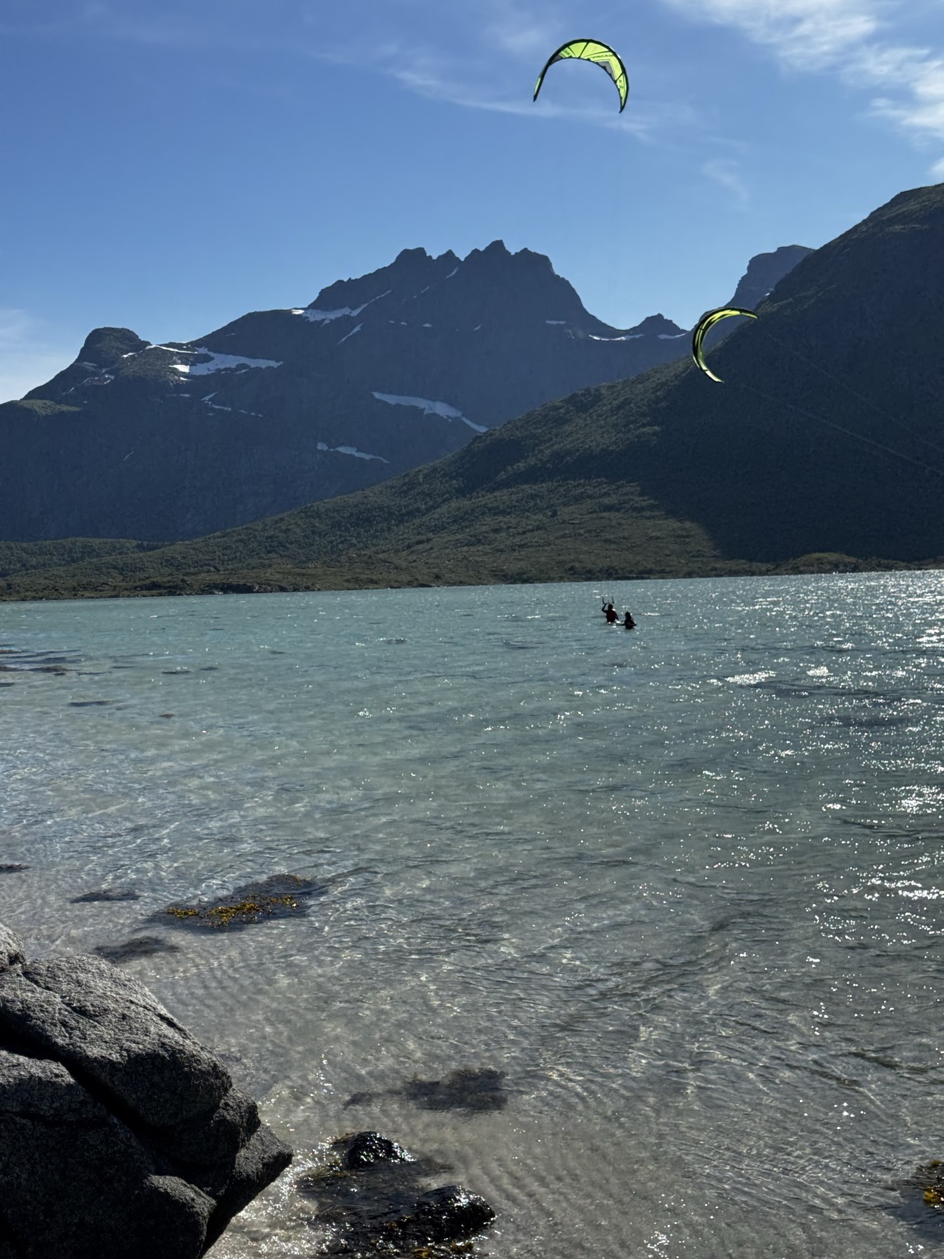 Kite surfers in a Norwegian fjord